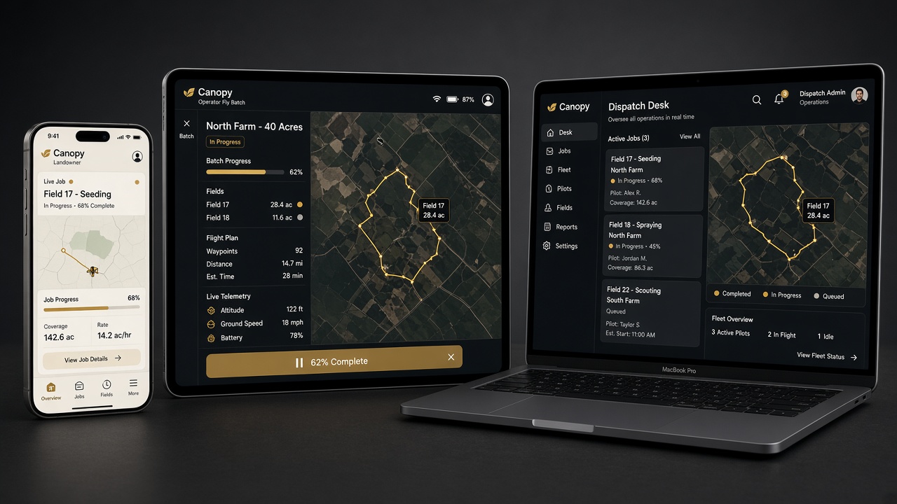 Canopy asset-owner phone, operator tablet, and operations centre — illustrative device composition.