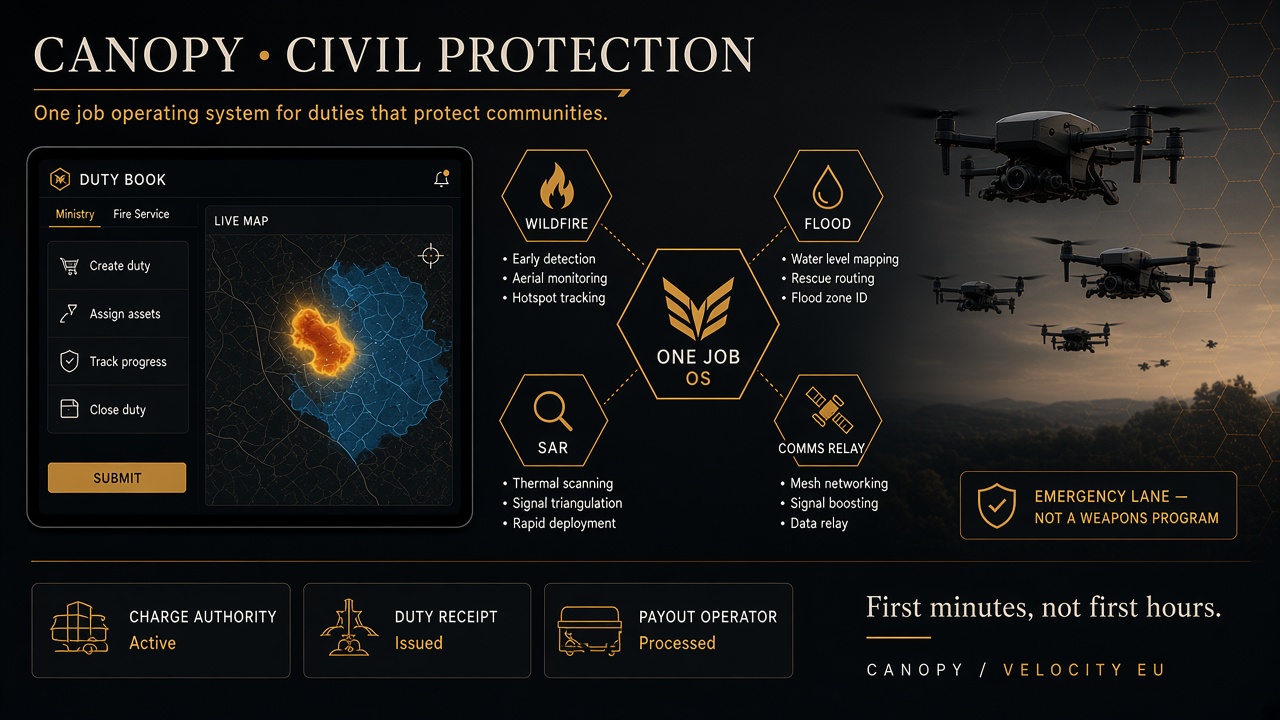 Designed exhibit: civil-protection duty lane for wildfire, flood, search and rescue, and communications relay.