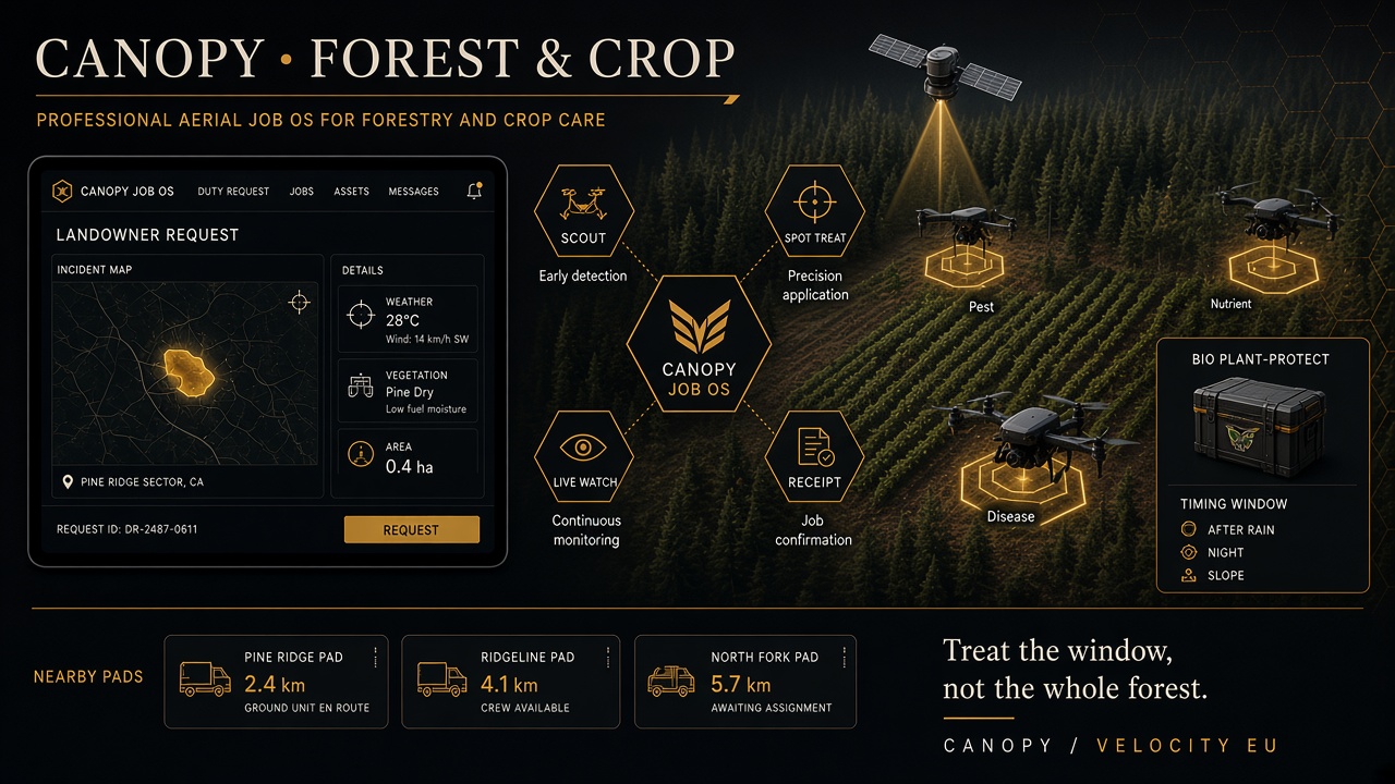 Designed exhibit: forest and crop scout, spot treatment, and a timing window on one job operating system.