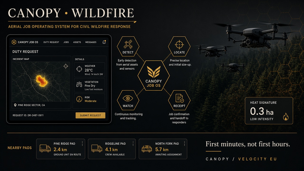 Designed exhibit: first-minutes wildfire detect, locate, watch, and evidence record.