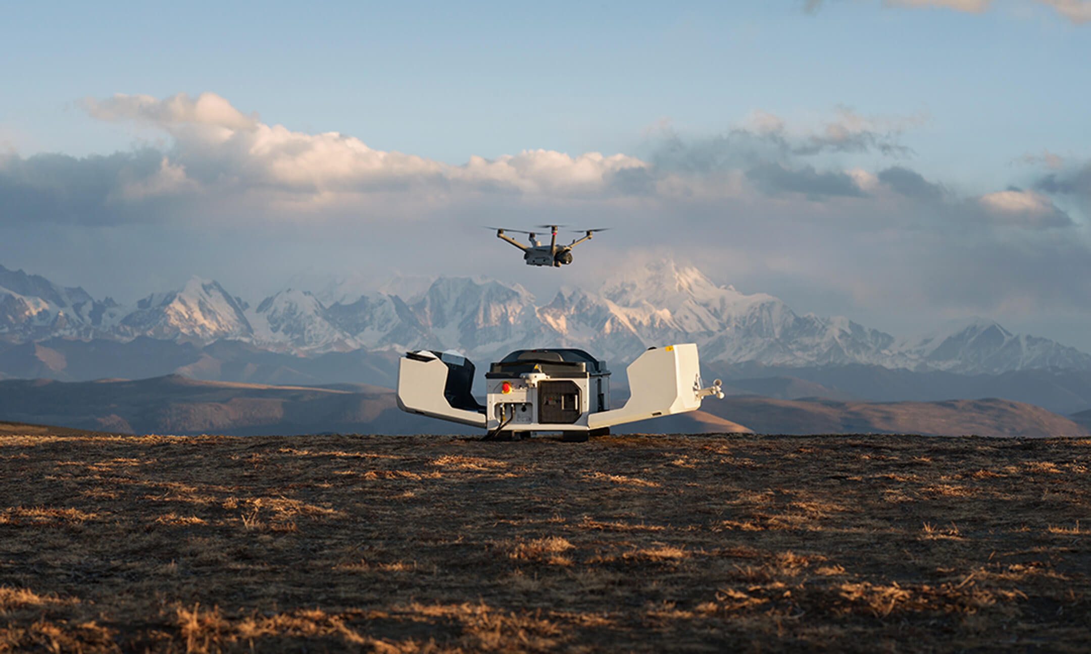 DJI Dock 3 in the field with a Matrice-class aircraft departing. Vendor product image.